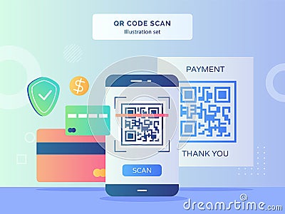 QR code scan illustration set QR code on display smartphone screen background of bank card shield dollar with flat style Vector Illustration