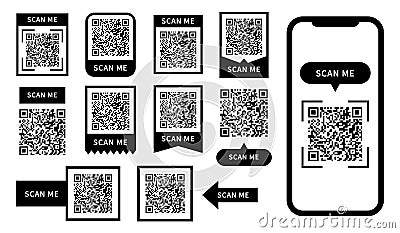 QR code scan me vector icons and mobile. Digital qrcodes, barcodes stickers with label, tag design set with phone frame scanner. Vector Illustration