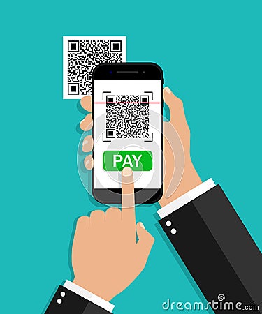 QR code scan from mobile. Payment from phone. Smartphone with scanner and reader barcode. Receipt for smart pay. App for capture Vector Illustration