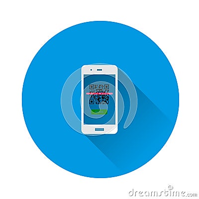Qr code scan phone vector icon on blue background. Flat image with long shadow Vector Illustration