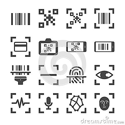 Qr code scanner and bar code scan vector line icon set. Included the icons as qr code, bar code, scanner, fingerprint scan and mor Vector Illustration