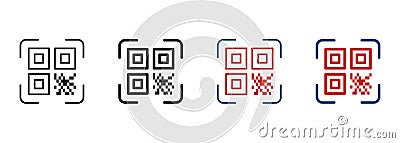 QR Code Scanner Line and Silhouette Icon Set. Instruction to Get Info. Technology Application for Identification Product Vector Illustration