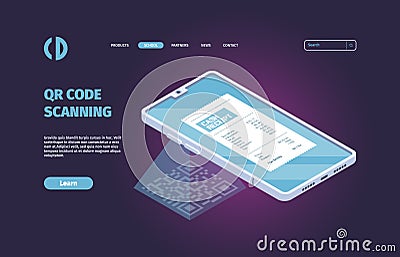 Qr code scanning landing. Smartphone verification code reading scanner infographic pictures garish vector concept Cartoon Illustration