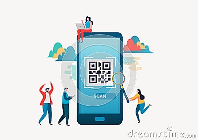 QR code scanning. People scan qr code for payment via smartphone. Flat vector illustration modern character design. Cartoon Illustration