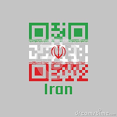 QR code set the color of Iran flag. white and red with National Emblem in red and the Takbir written in the Kufic script in white Vector Illustration