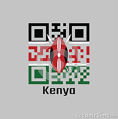 QR code set the color of Kenya flag. A horizontal of black, white red, and green with two crossed white spears behind a red, and Vector Illustration