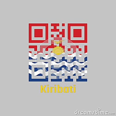 QR code set the color of Kiribati flag, red and blue with the yellow frigate bird flying over the rising sun and three white wavy Vector Illustration