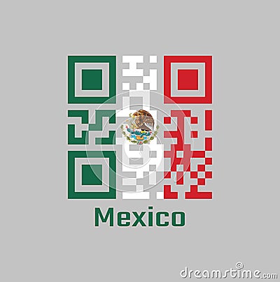 QR code set the color of Mexico flag, a vertical tricolor of green white and red with the nation Coat of Arms centered on white Vector Illustration