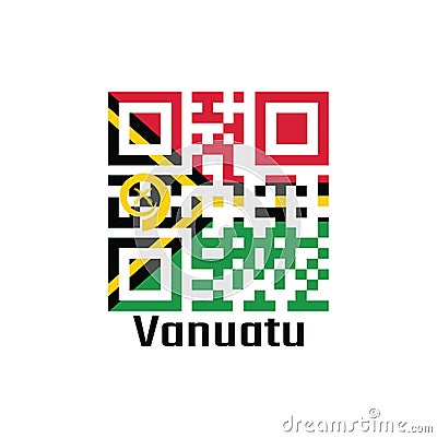 QR code set the color of Vanuatu flag. red and green with black and yellow color boar`s tusk encircling two crossed fern fronds i Vector Illustration