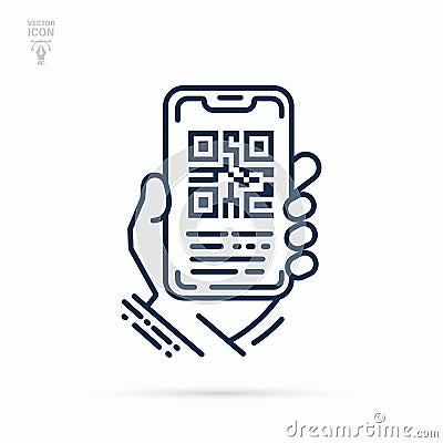 QR code smartphone scanner linear icon. Matrix barcode scanning mobile phone application. Vector illustration Vector Illustration
