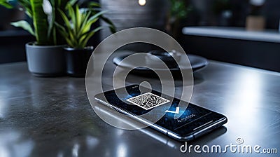 Qr code verification process in modern workspaces digital interaction in an indoor tech setting Cartoon Illustration