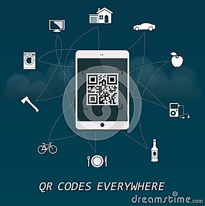 QR Codes everywhere - quick response codes business infographic template with tablet in the center Vector Illustration