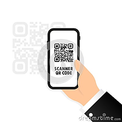 QR scanner icon. Mobile phone in hand scans QR code. Scan the qrcode using a mobile phone. Capture the qr code on your mobile Vector Illustration