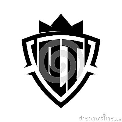 QT Letter bold monogram triangle curve shield shape with crown black and white background color design Vector Illustration