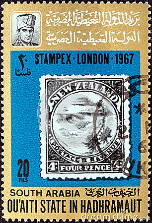 QU`AITI STATE IN THE HADHRAMAUT - CIRCA 1967: A stamp printed in Yemen shows New Zealand, invert error 1904, circa 1967. Editorial Stock Photo