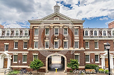 The Quad Archway, the entrance to the three story red brick Quadrangle Dormitories (The Quad), at Editorial Stock Photo