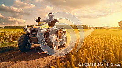 Quad Bike Adventure Through Golden Wheat Fields Stock Photo