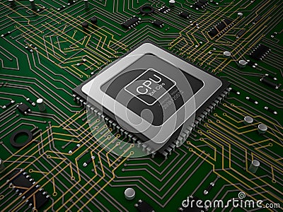 Quad core CPU on motherboard Stock Photo