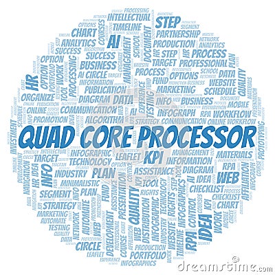 Quad Core Processor typography word cloud create with the text only. Stock Photo