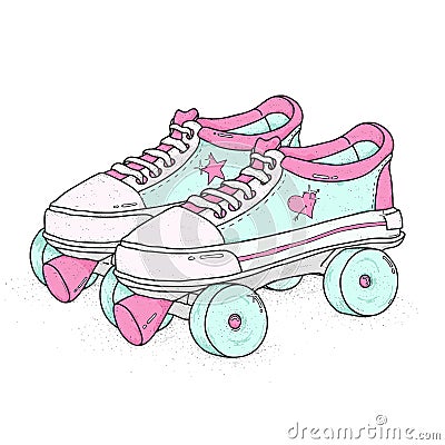 Quad roller skates on white background. Retro laced boots, colorful vector illustration. Vector Illustration