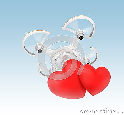 Quadcopter carrying heart mark for fast love message delivery concept Stock Photo