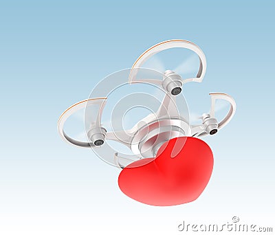 Quadcopter carrying heart mark for fast love message delivery concept Stock Photo