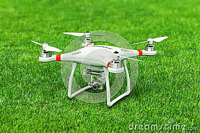 Quadcopter drone with 4K video camera on green grass Cartoon Illustration