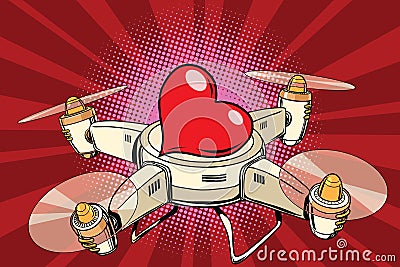 Quadcopter drone red heart Valentine holiday Vector Illustration