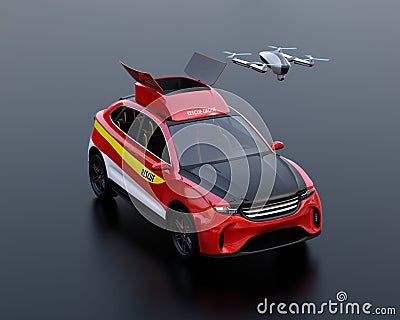 Quadcopter drone take off from electric rescue SUV on black background Stock Photo