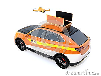 Quadcopter drone take off from electric rescue SUV on white background Stock Photo
