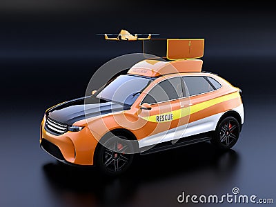 Quadcopter drone take off from orange electric rescue SUV on black background Stock Photo