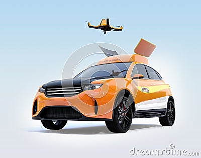 Quadcopter drone take off from orange electric rescue SUV Stock Photo