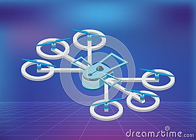 Multicopter in Sky, Flying Drone, Gadget Vector Vector Illustration