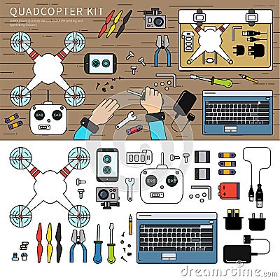 Quadcopter kit on the table Vector Illustration