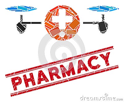 Quadcopter Pharmacy Mosaic and Distress Pharmacy Seal with Lines Vector Illustration