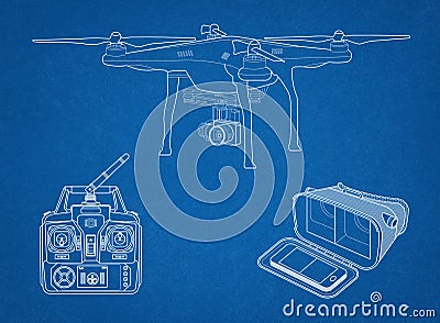 Quadcopter with VR gear and remote controller Stock Photo