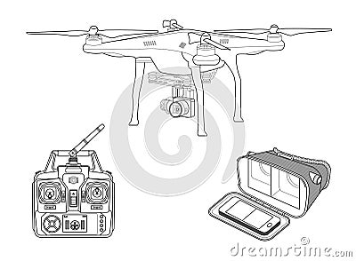 Quadcopter with VR gear and remote controller Stock Photo