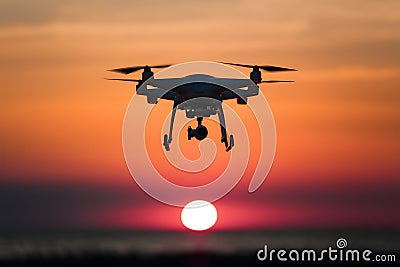 Quadcopters silhouette against sunset sky, capturing aerial photography Stock Photo