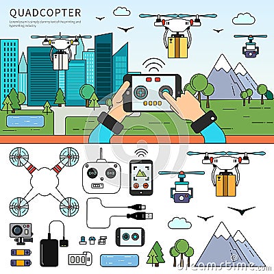 Quadcopters on the street Vector Illustration