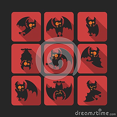 Quadrate flat vector icon set with vampire bat for Halloween. Vector Illustration