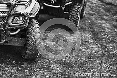 Offroad mountain motorcycle or bike taking part in motocros competition parked on dirty terrain road Stock Photo
