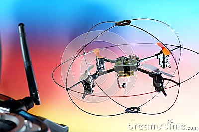 Quadrocopter also called drone photographed in the studio and faked flight Stock Photo