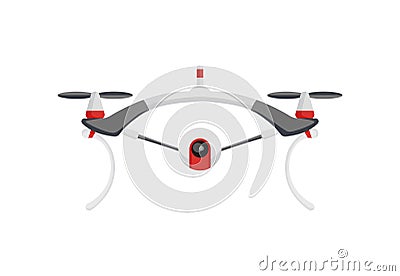 Quadrocopter drone. Air drone hovering. Aerial vehicle. Unmanned aircraft. Modern air gadjet, quadrocopter on remote Vector Illustration