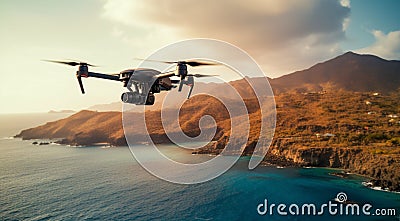 quadrocopter in flight, close-up of quadrocopter in the air, drone in action, clos-up of drone with camera Stock Photo