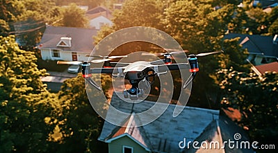 quadrocopter in flight, close-up of quadrocopter in the air, drone in action, clos-up of drone with camera Stock Photo