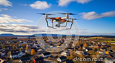 quadrocopter in flight, close-up of quadrocopter in the air, drone in action, clos-up of drone with camera Stock Photo