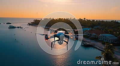 quadrocopter in flight, close-up of quadrocopter in the air, drone in action, clos-up of drone with camera Stock Photo