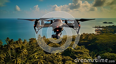 quadrocopter in flight, close-up of quadrocopter in the air, drone in action, clos-up of drone with camera Stock Photo