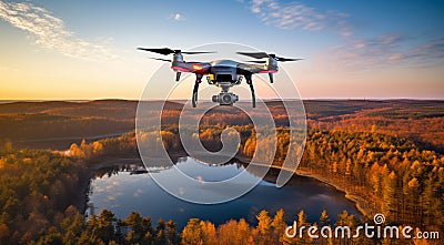 quadrocopter in flight, close-up of quadrocopter in the air, drone in action, clos-up of drone with camera Stock Photo