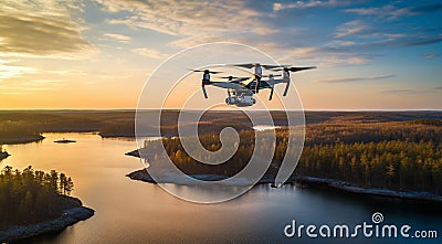 quadrocopter in flight, close-up of quadrocopter in the air, drone in action, clos-up of drone with camera Stock Photo
